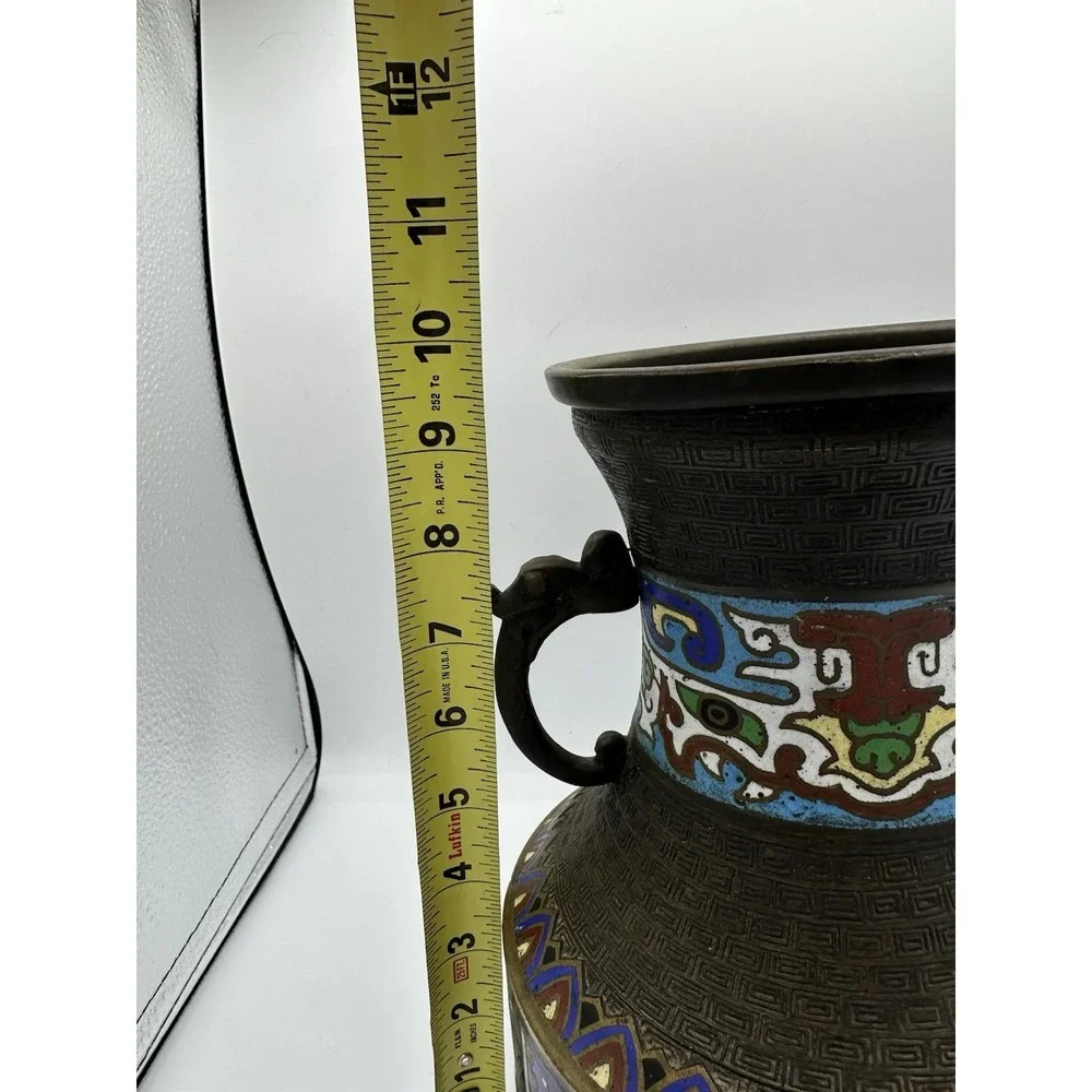 Antique Japanese Enamel‎ Cloisonne Champleve Bronze Vase 10